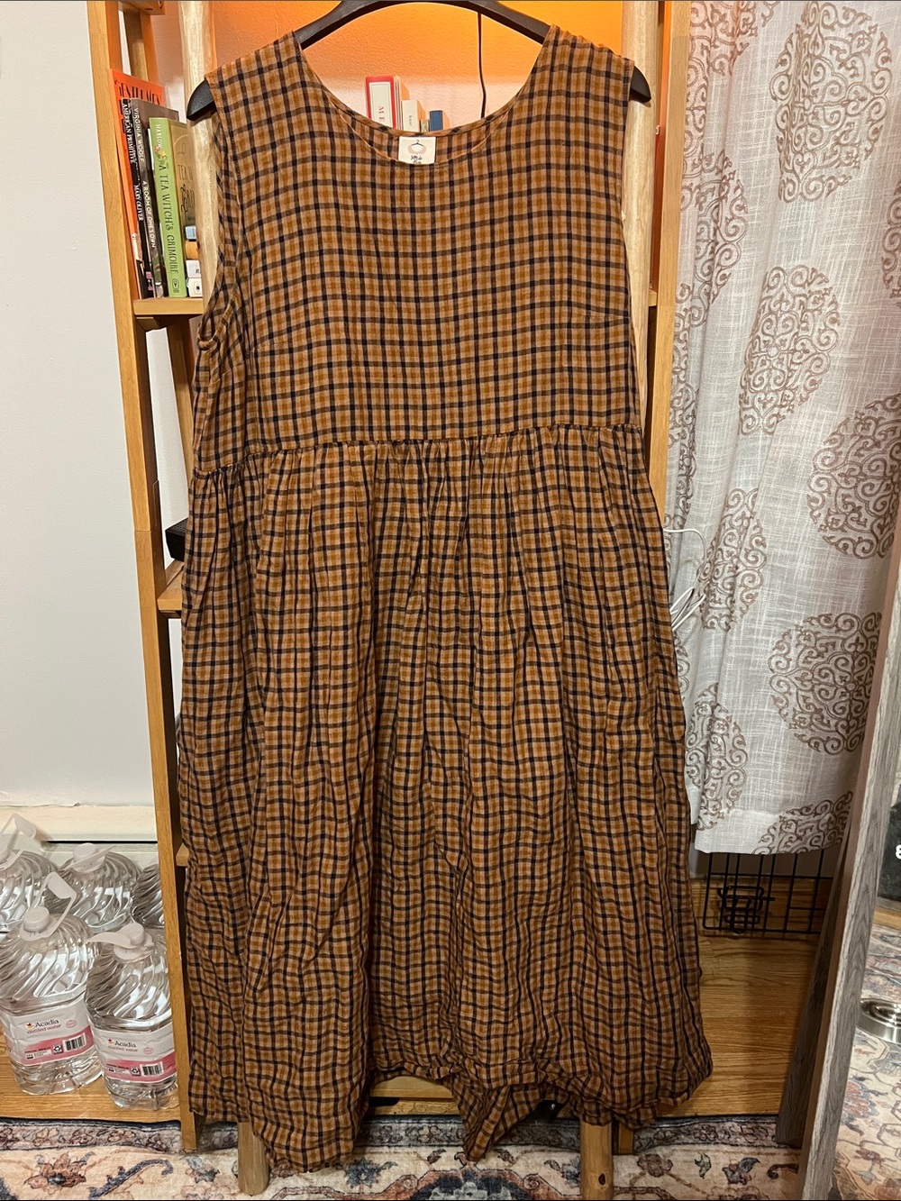 Son de Flor Sleeveless Smock Plaid Midi Dress in Brown Check